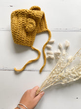 Load image into Gallery viewer, Crochet bonnet with ears, Mustard
