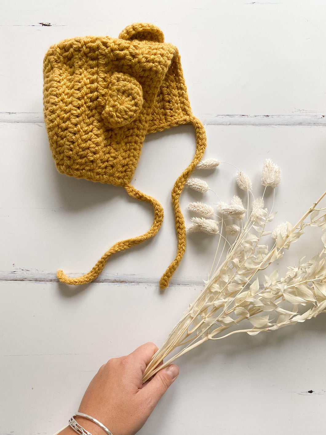 Crochet bonnet with ears, Mustard