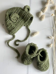 Crochet bonnet with ears, Sage