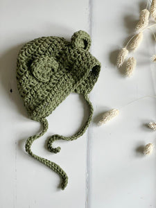 Crochet bonnet with ears, Sage