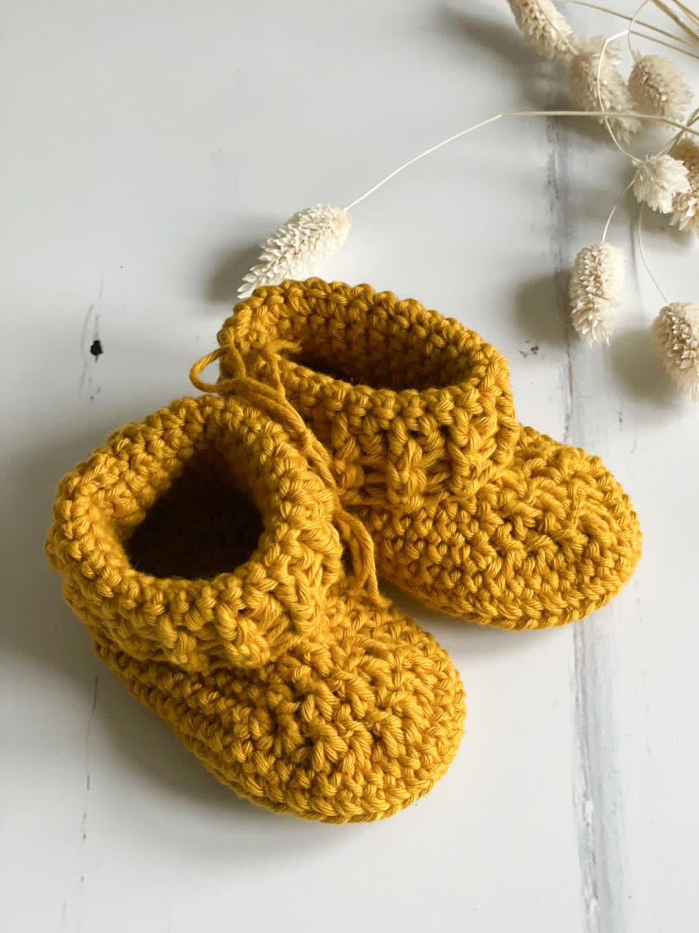 Crochet baby booties, Mustard